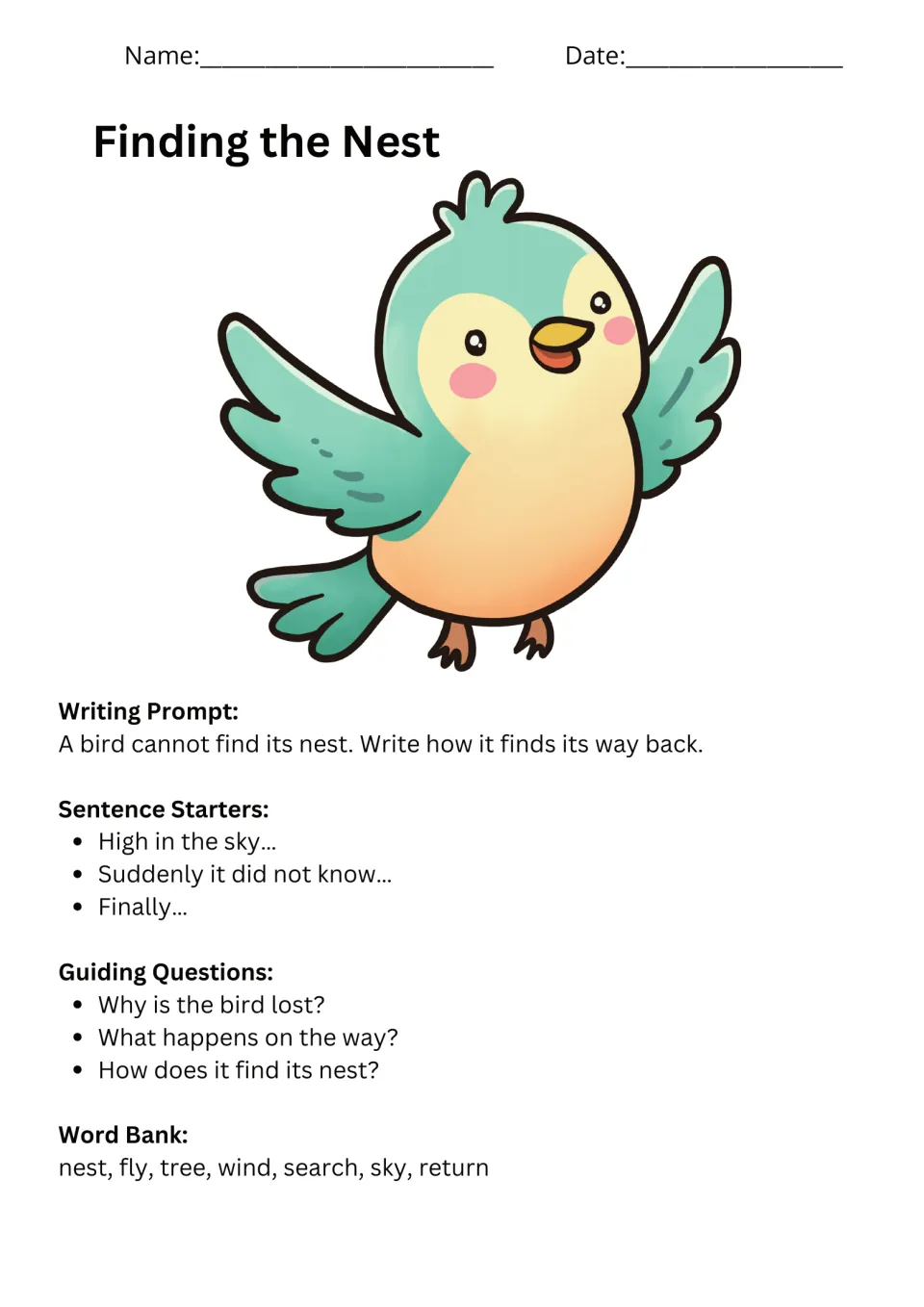 Bird writing prompt asks how a bird finds its nest again, with sentence starters, questions, and a word bank