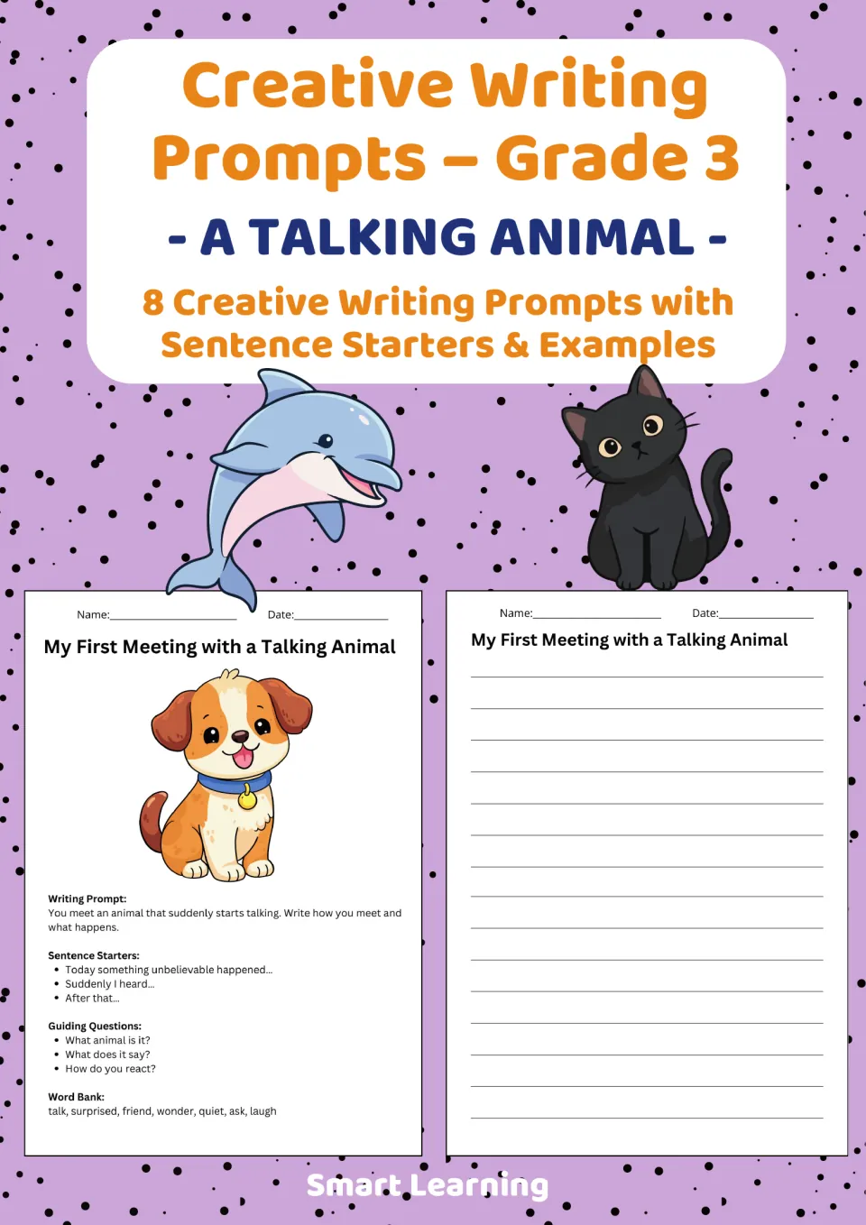 Cover of Creative Writing Prompts Grade 3 | A Talking Animal, introducing eight prompts with sentence starters