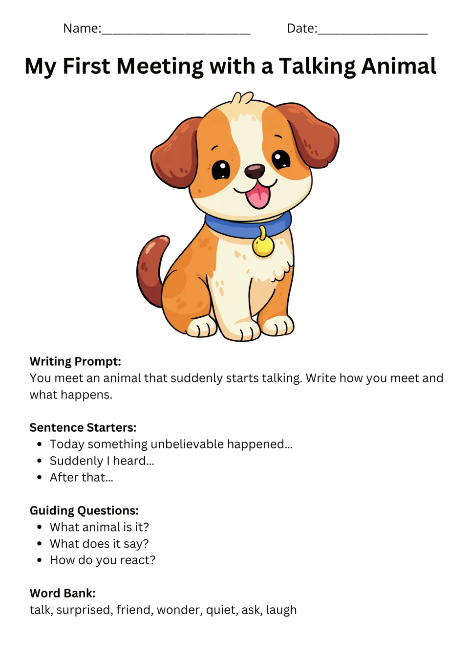 First meeting prompt asks how you meet a talking animal, with sentence starters, questions, and a word bank