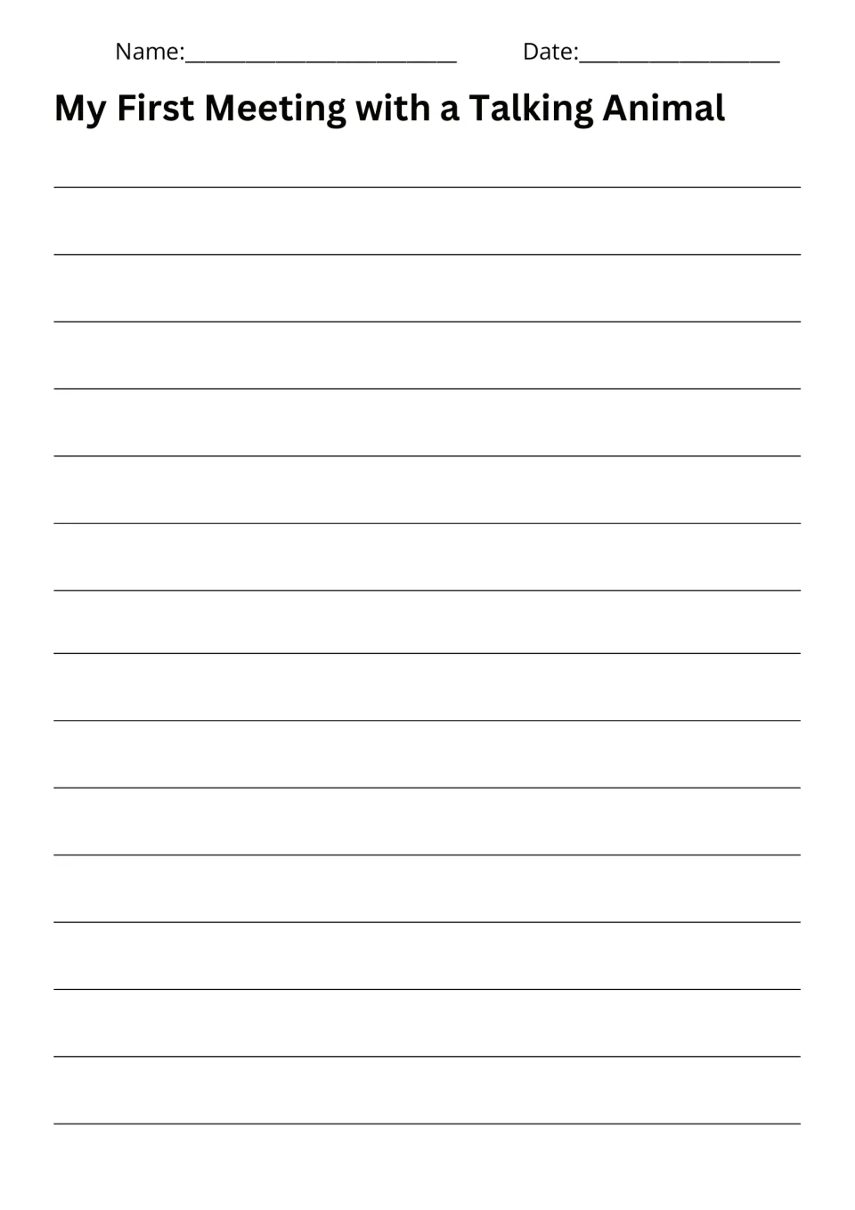 Writing response page for My First Meeting with a Talking Animal, where students write their meeting story