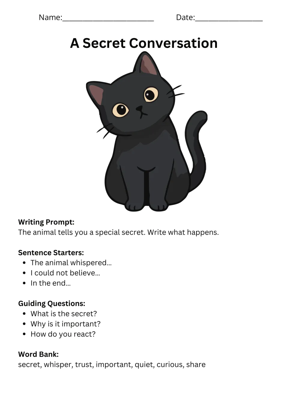 A Secret Conversation prompt asks what happens when an animal shares a secret, with starters and a word bank