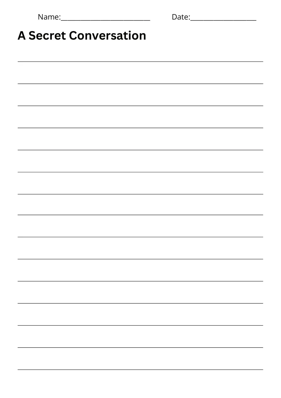 Writing response page for A Secret Conversation, where students write about a talking animal's special secret