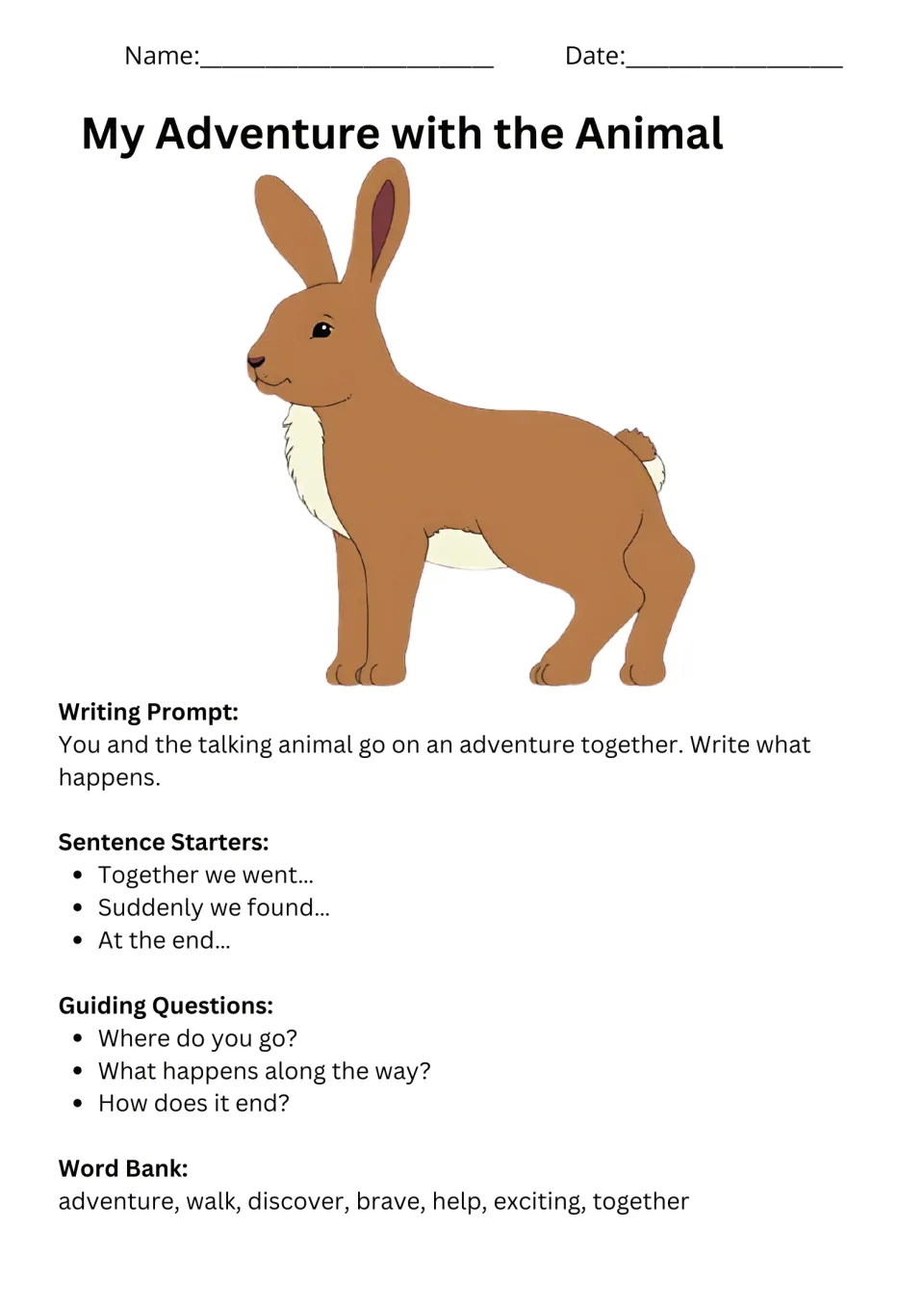 My Adventure with the Animal prompt asks about a shared adventure, with sentence starters and guiding questions