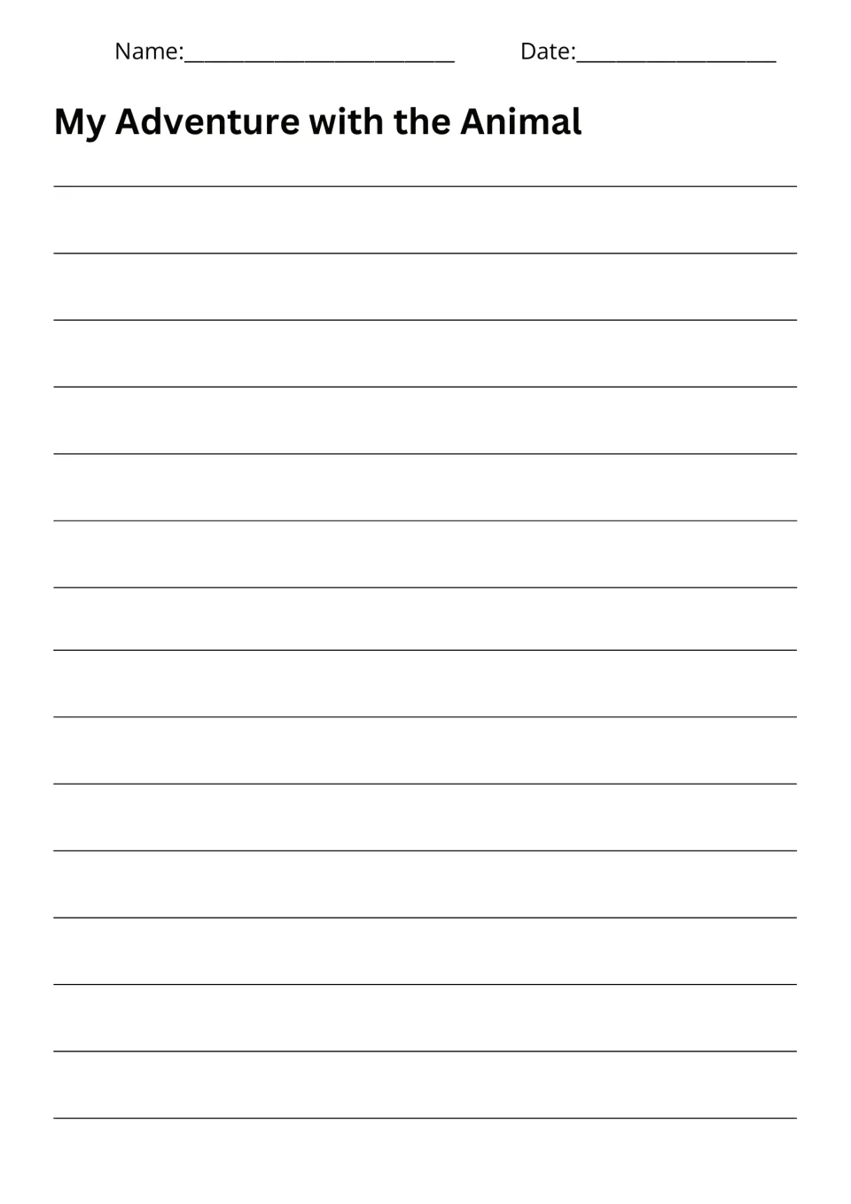 Writing response page for My Adventure with the Animal, where students tell their talking-animal adventure