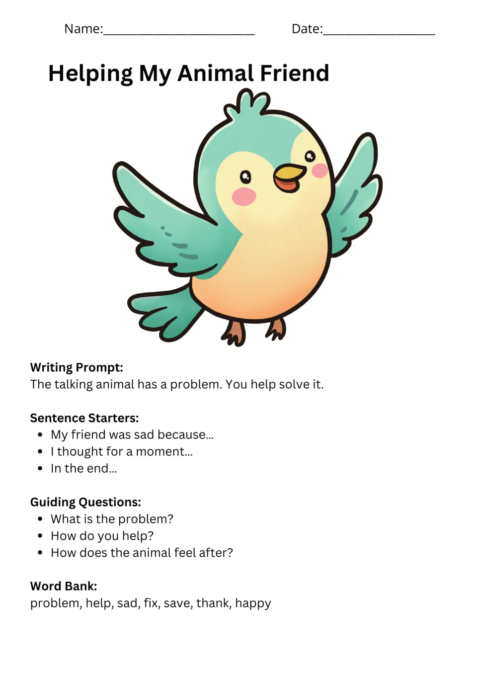 Helping My Animal Friend prompt asks students to solve a talking animal's problem, with starters and vocabulary