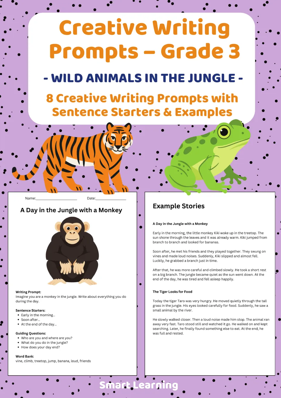 Cover of the Grade 3 jungle animal writing resource, introducing eight prompts with starters and examples
