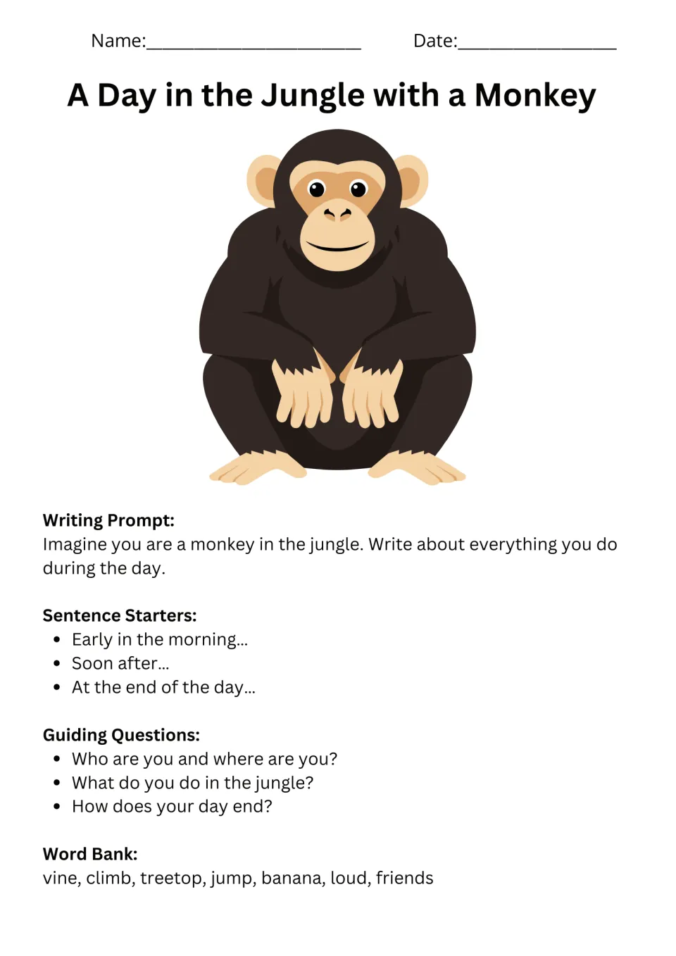 Monkey writing prompt asks students to imagine a day in the jungle, with starters, questions, and a word bank