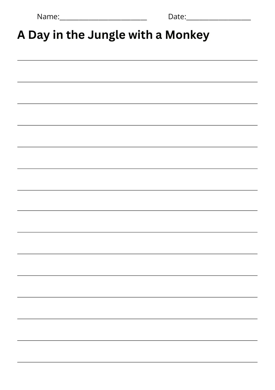 Writing response page for A Day in the Jungle with a Monkey, where students write their jungle day story