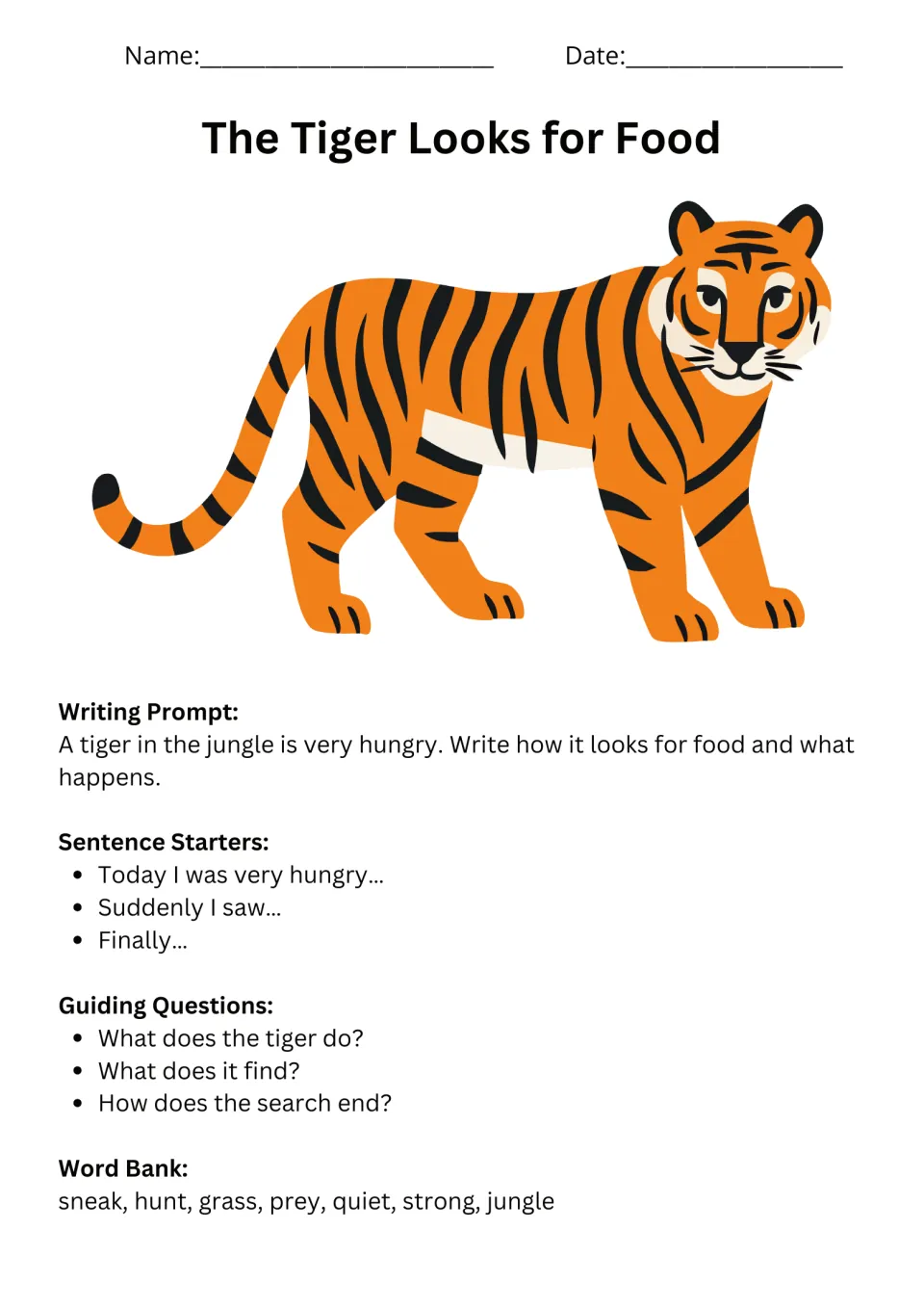 Tiger writing prompt asks how a hungry tiger finds food, with sentence starters, questions, and a word bank