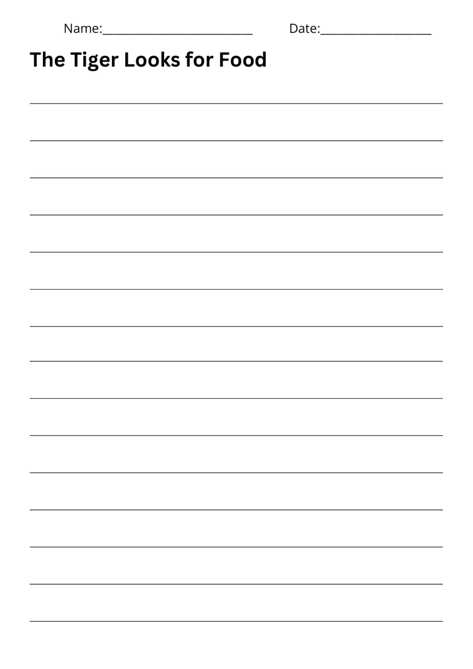 Writing response page for The Tiger Looks for Food, where students tell the hungry tiger's search story