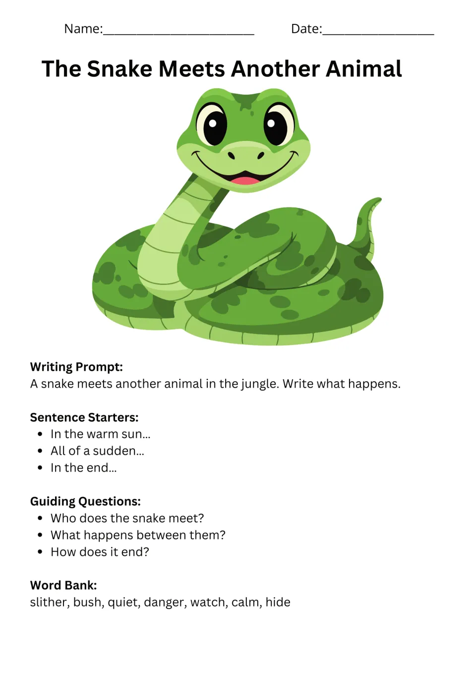 Snake writing prompt asks what happens when it meets another animal, with starters, questions, and vocabulary
