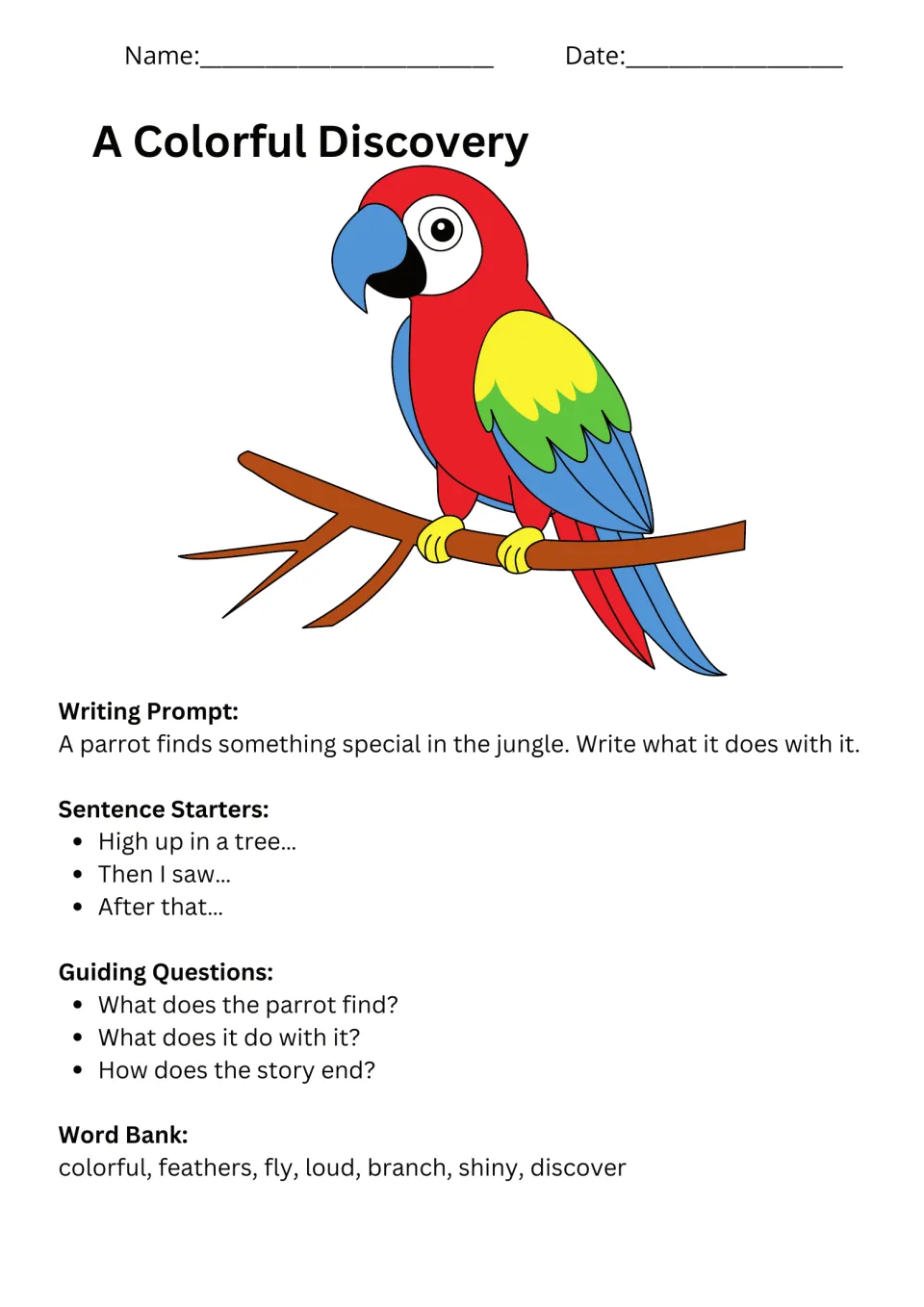 Parrot writing prompt asks what it does with a special jungle find, with starters, questions, and a word bank