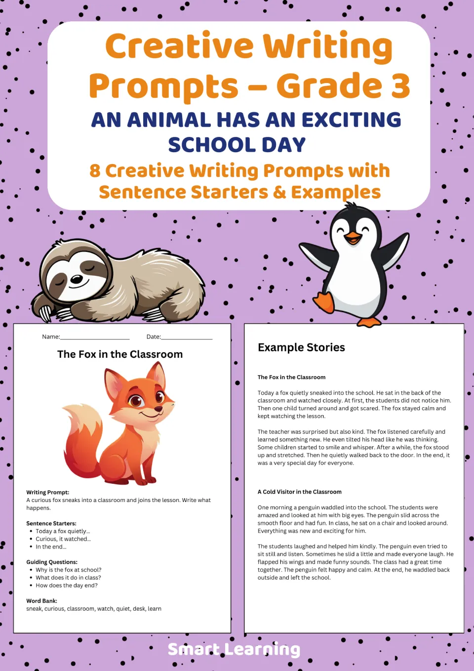 Cover for eight grade 3 animal school-day writing prompts with sentence starters and example stories