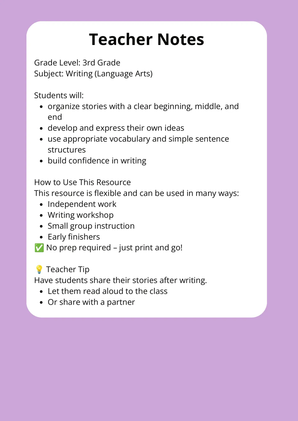 Teacher notes for grade 3 writing: story organization, vocabulary, classroom uses, and sharing stories