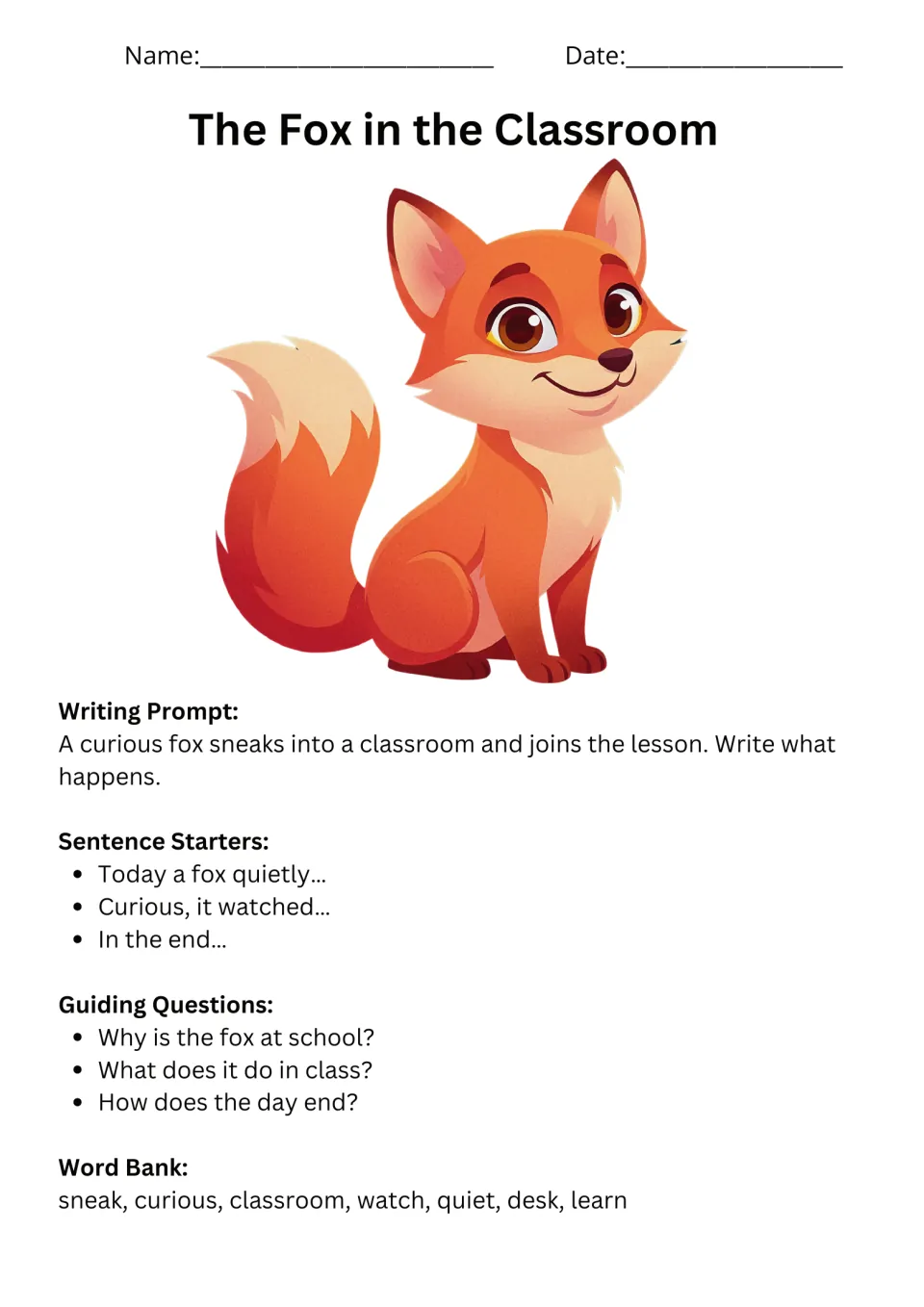 Fox classroom story prompt with sentence starters, guiding questions, and a word bank including curious