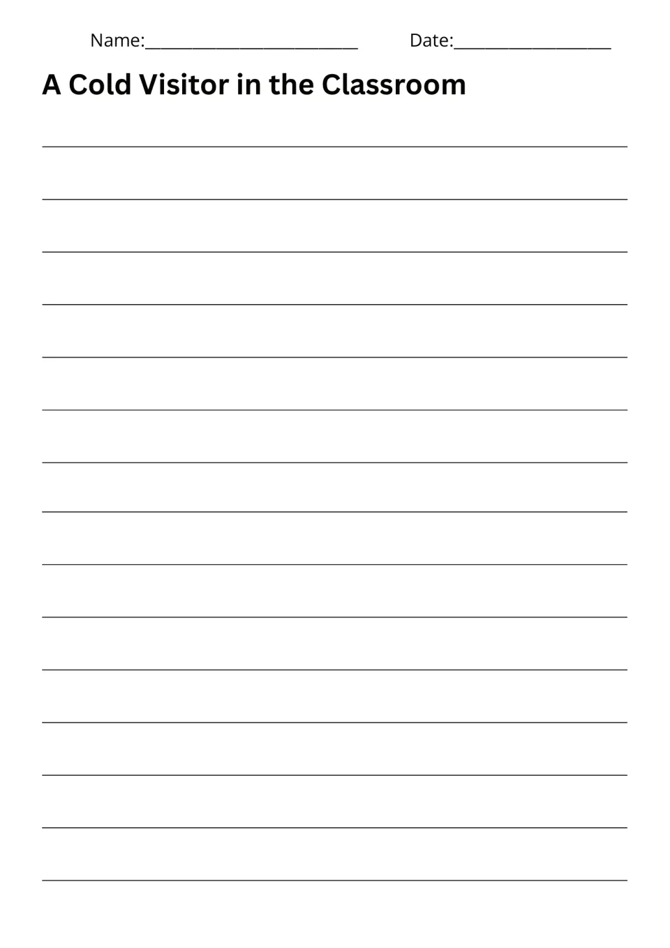Writing response sheet titled A Cold Visitor in the Classroom for the story about a penguin at school