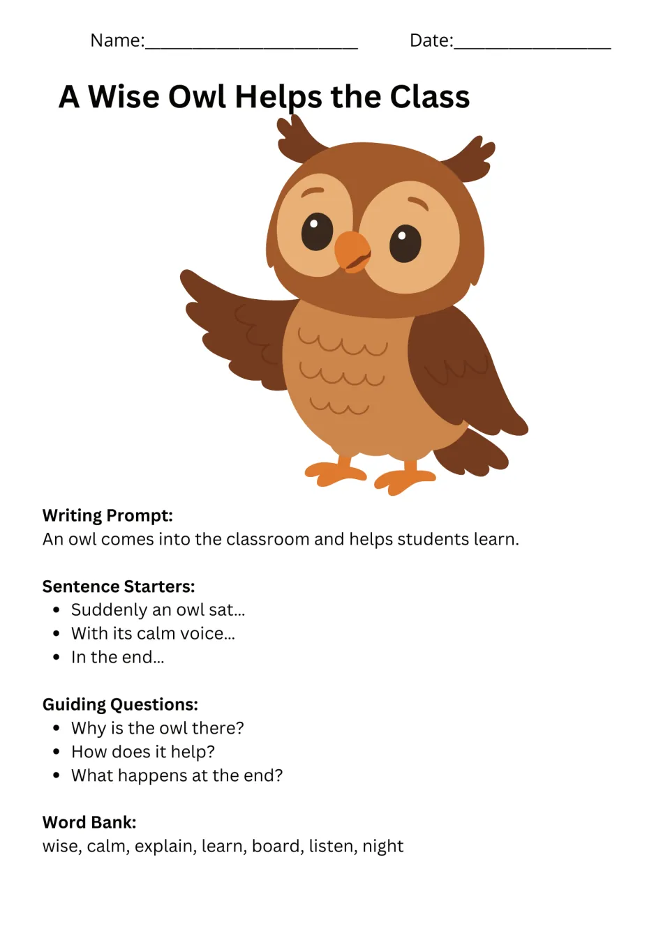 Owl classroom story prompt with sentence starters, guiding questions, and a word bank including wise and calm