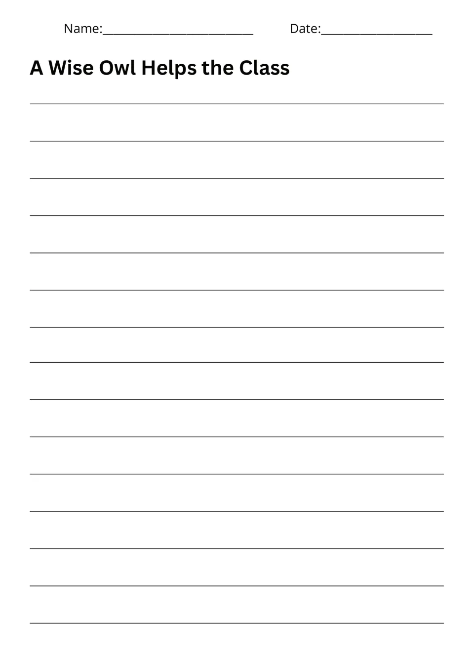 Writing response sheet titled A Wise Owl Helps the Class for the story about an owl helping students learn