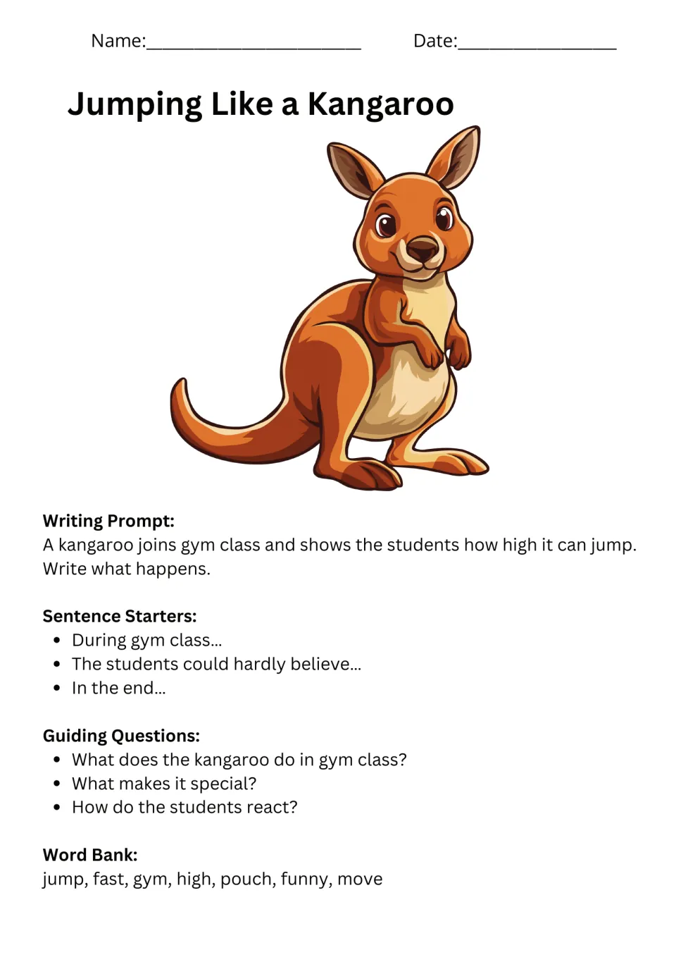 Kangaroo gym-class story prompt with sentence starters, guiding questions, and words including jump and pouch