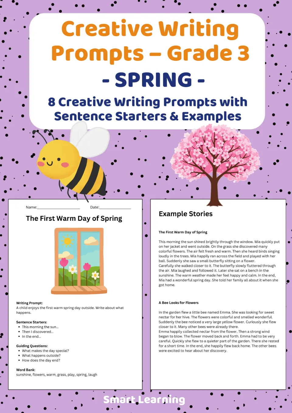 Cover of Creative Writing Prompts Grade 3 | Spring, announcing eight prompts with starters and examples