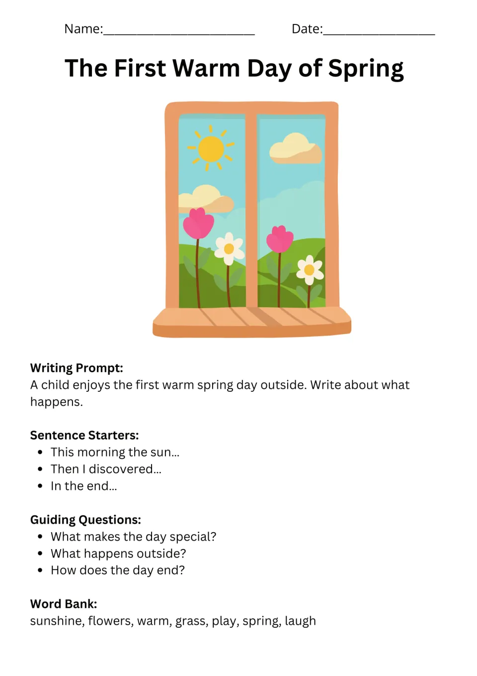 Spring writing prompt 1: The First Warm Day of Spring, with sentence starters, questions, and a word bank
