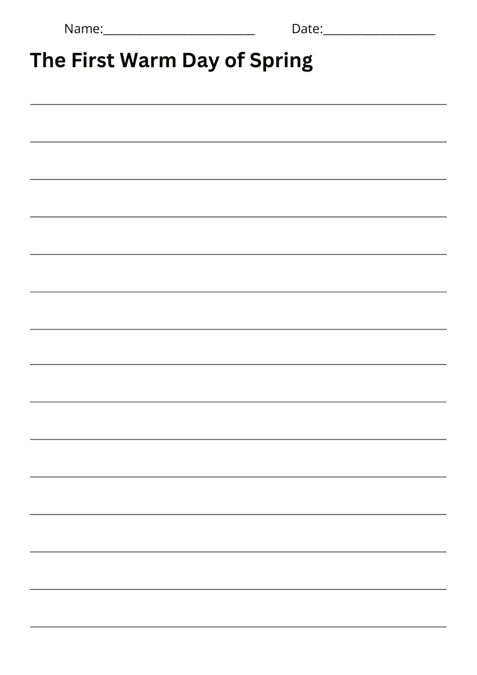 Writing response sheet for The First Warm Day of Spring, where students write their story for prompt 1