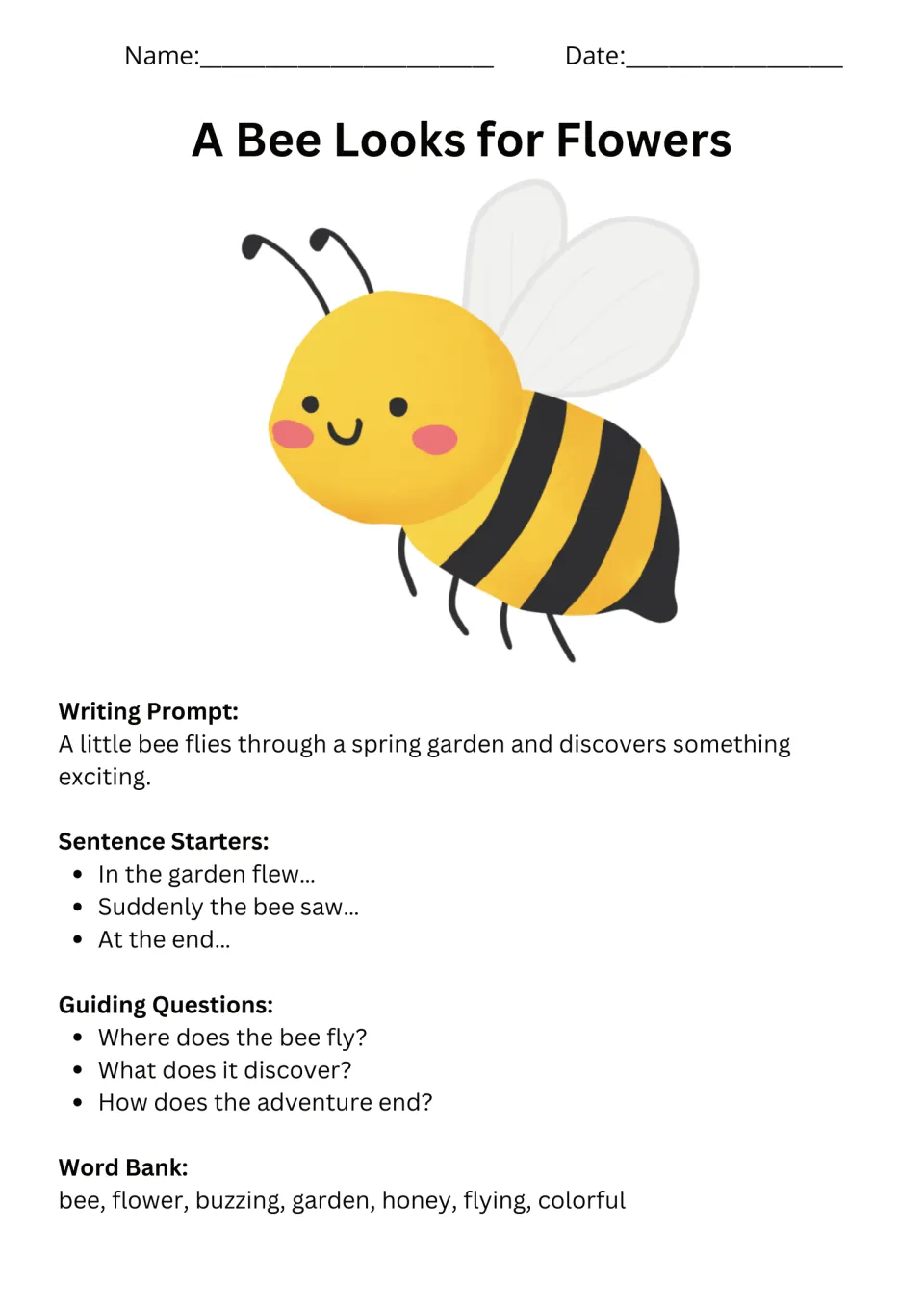 Spring writing prompt 2: A Bee Looks for Flowers, with sentence starters, questions, and a word bank