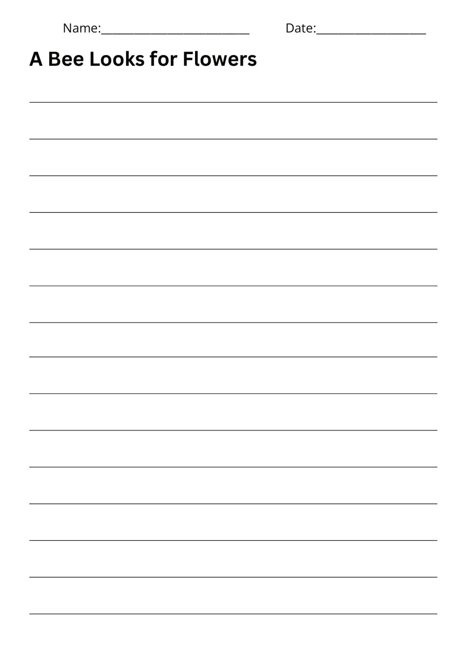 Writing response sheet for A Bee Looks for Flowers, where students write their garden story for prompt 2
