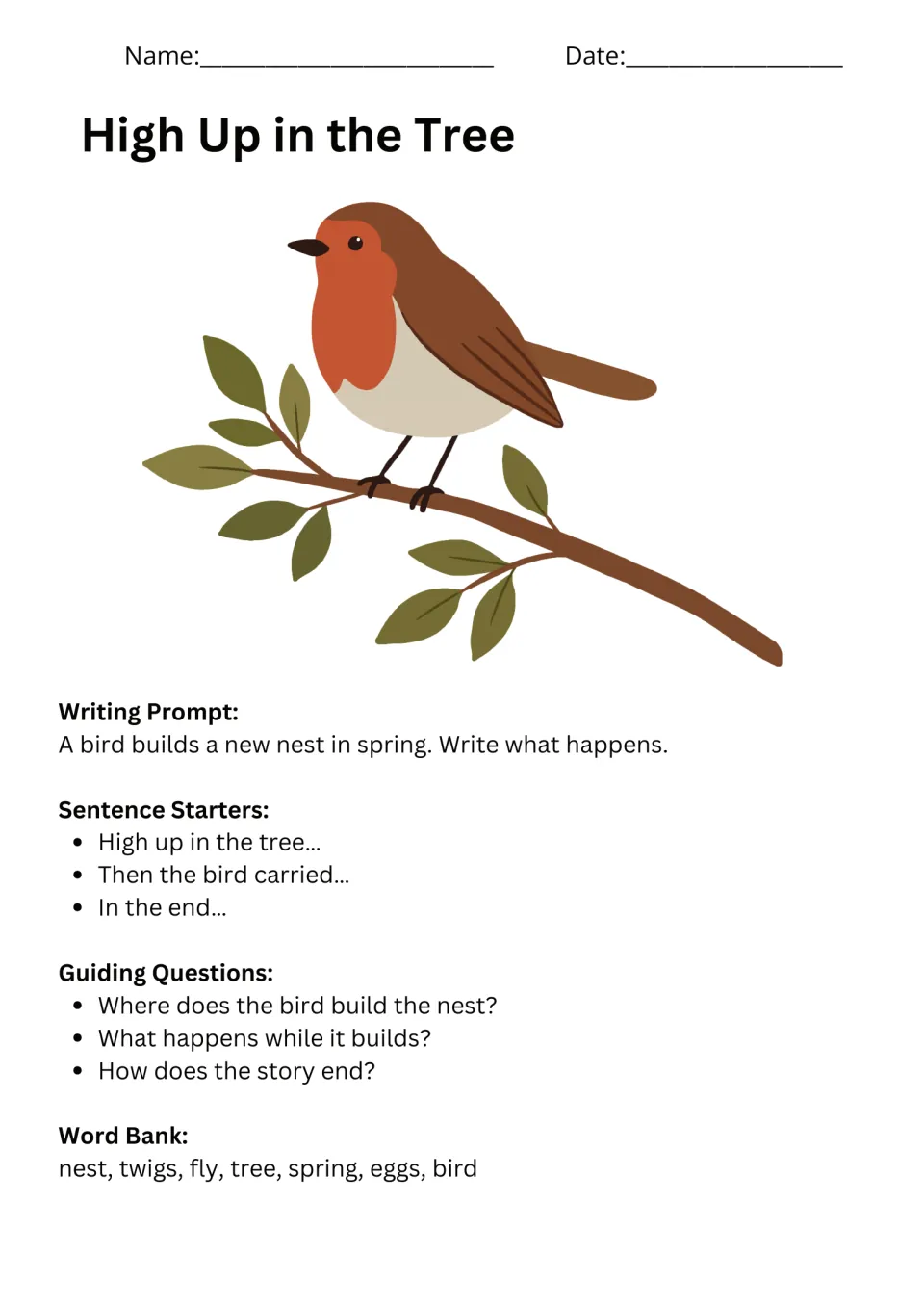 Spring writing prompt 3: High Up in the Tree, with sentence starters, guiding questions, and a word bank