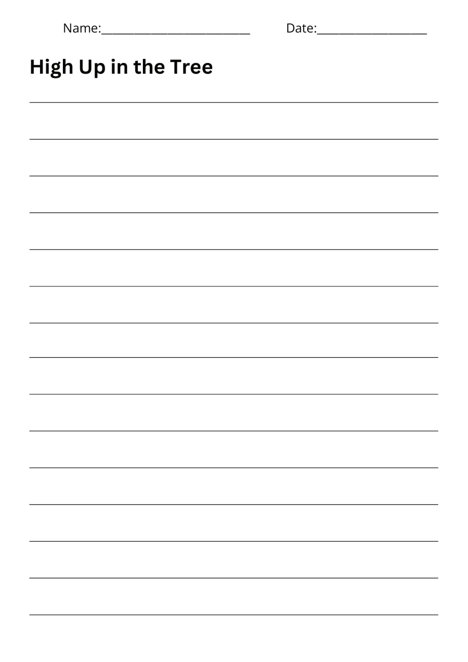 Writing response sheet for High Up in the Tree, where students write their bird's nest story for prompt 3