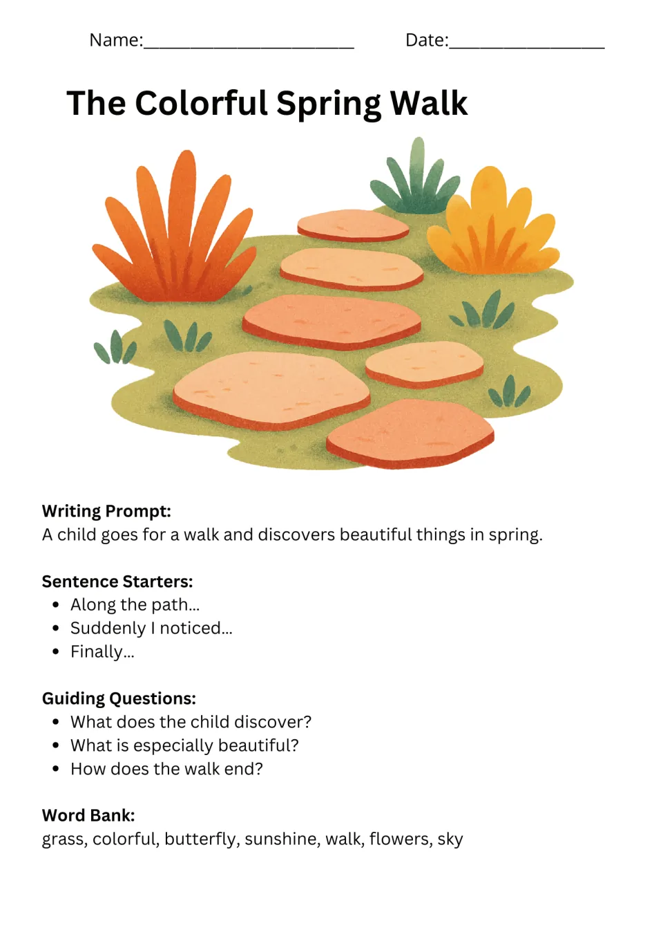 Spring writing prompt 4: The Colorful Spring Walk, with sentence starters, questions, and a word bank