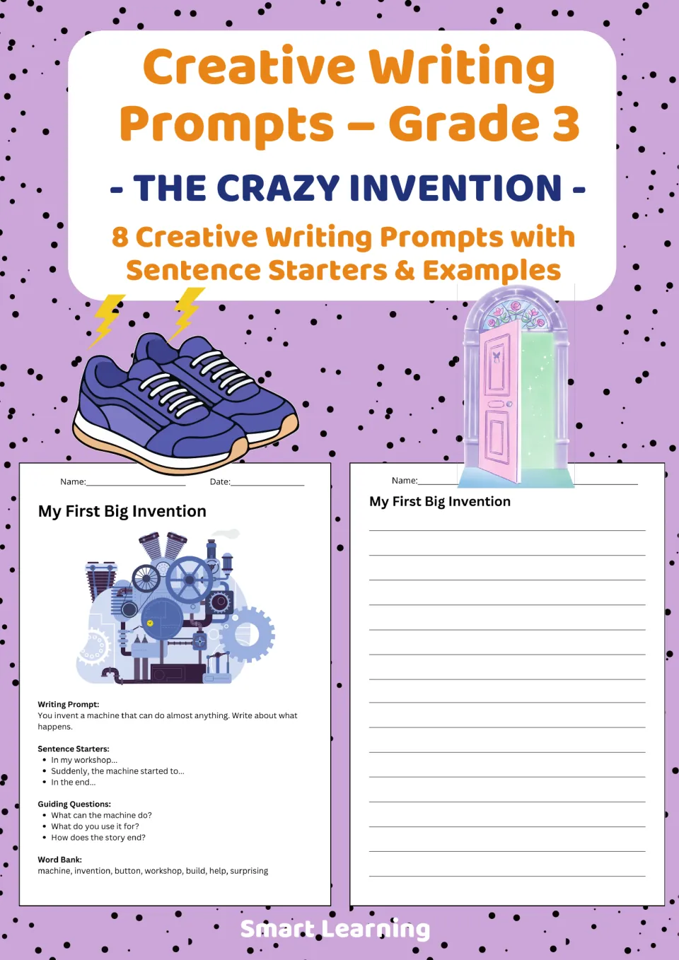 Cover for The Crazy Invention writing resource, introducing eight grade 3 prompts with sentence starters and examples