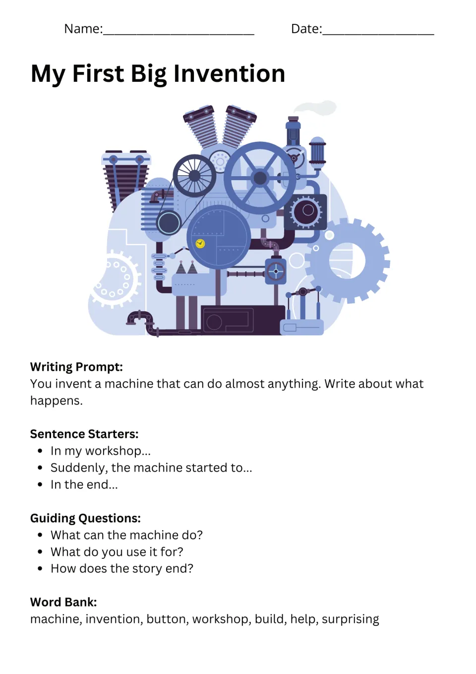 My First Big Invention prompt asks about a machine that can do almost anything, with starters and a word bank
