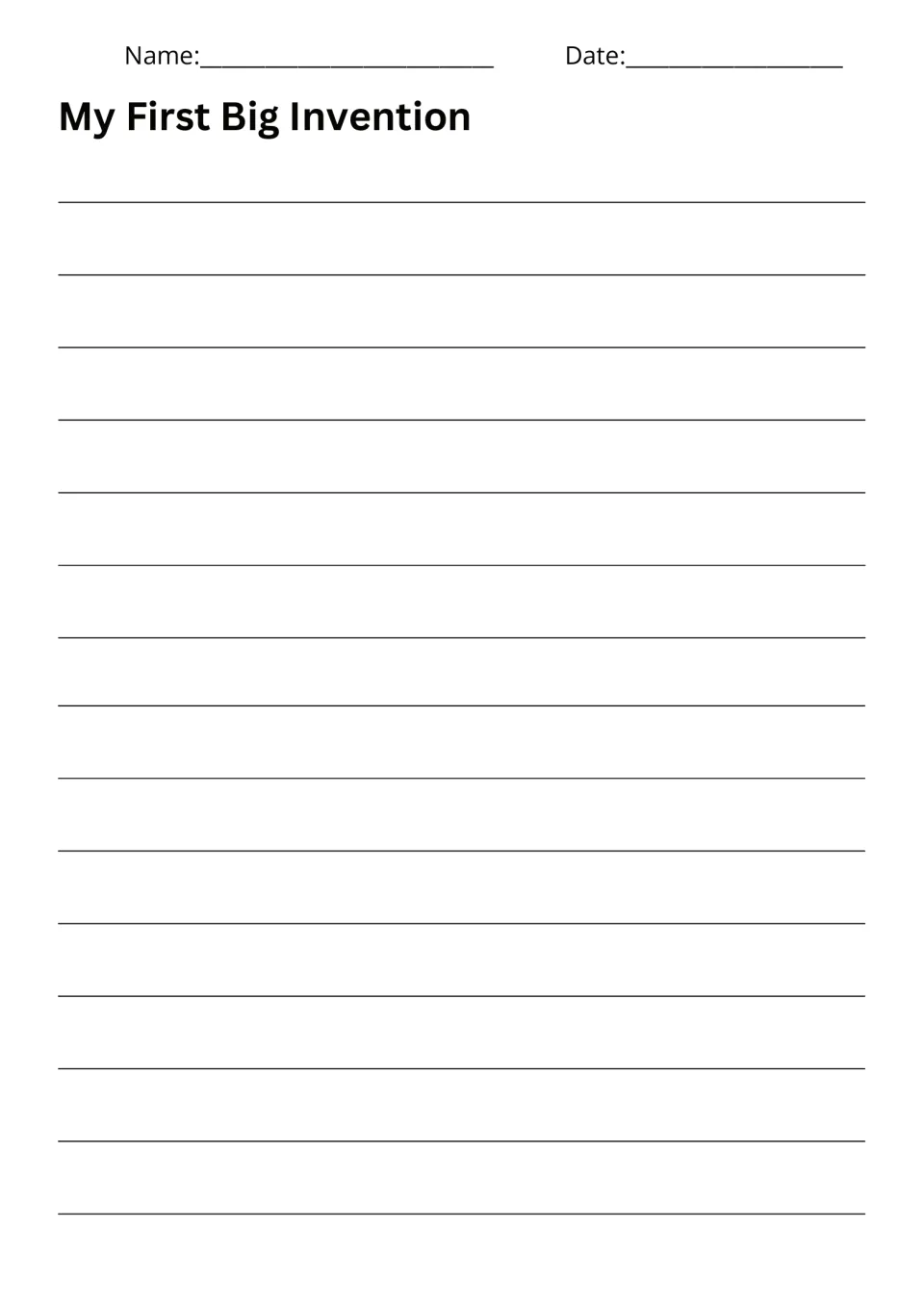 My First Big Invention writing page provides space for students to write their story about an invented machine