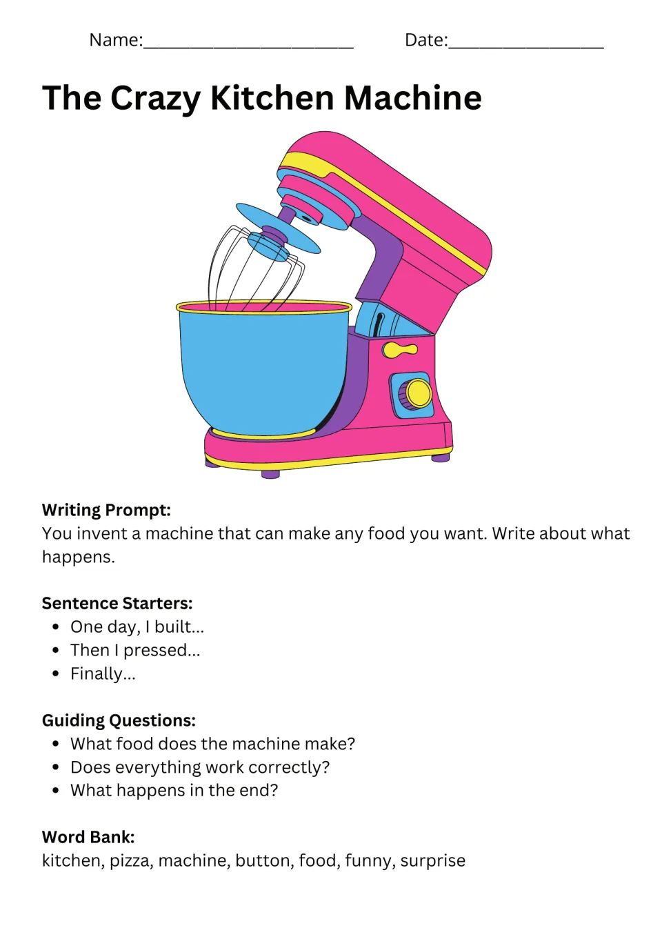 The Crazy Kitchen Machine prompt asks about inventing a machine that makes any food, with sentence starters