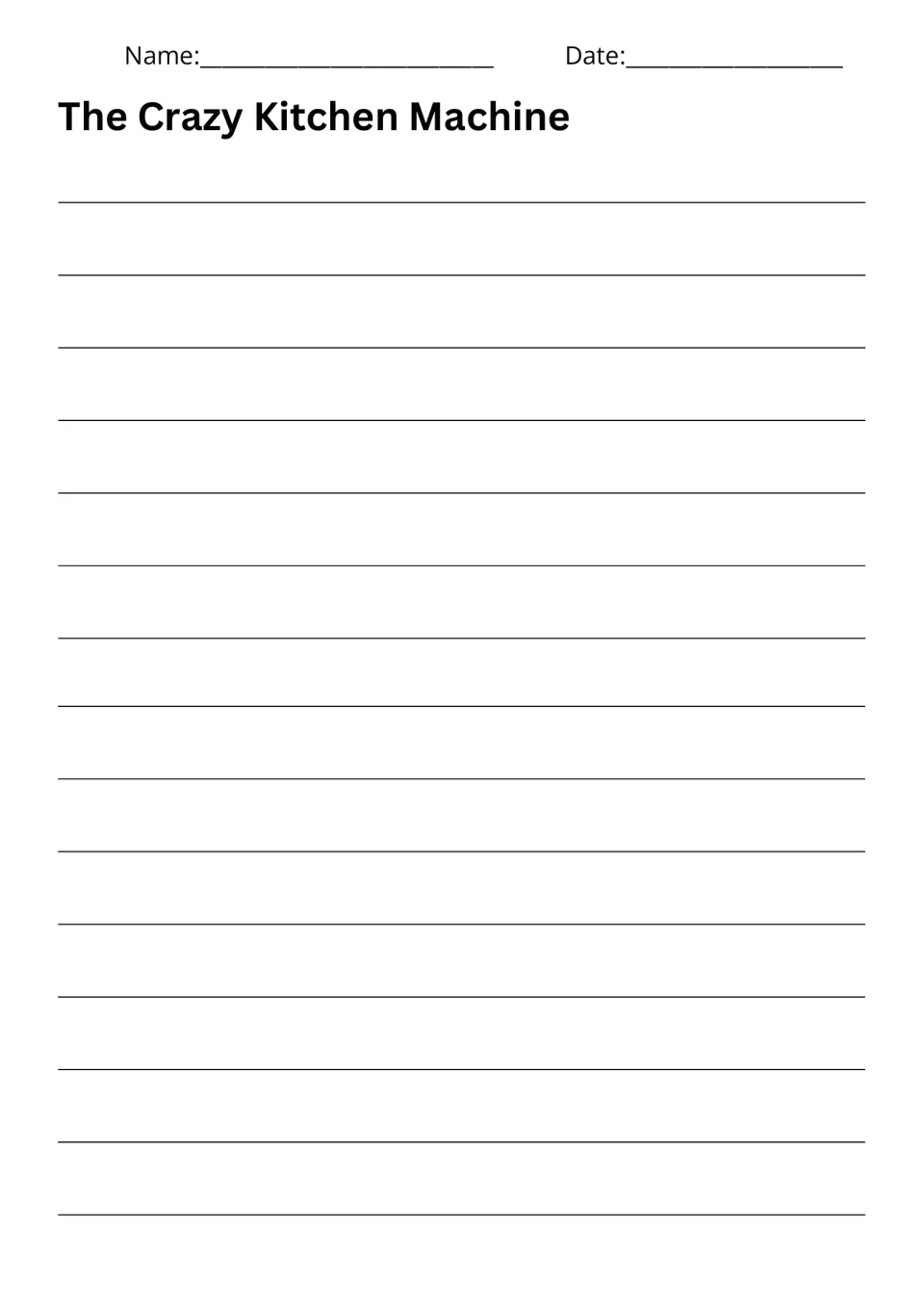 The Crazy Kitchen Machine writing page provides space for a story about an invention that makes any food