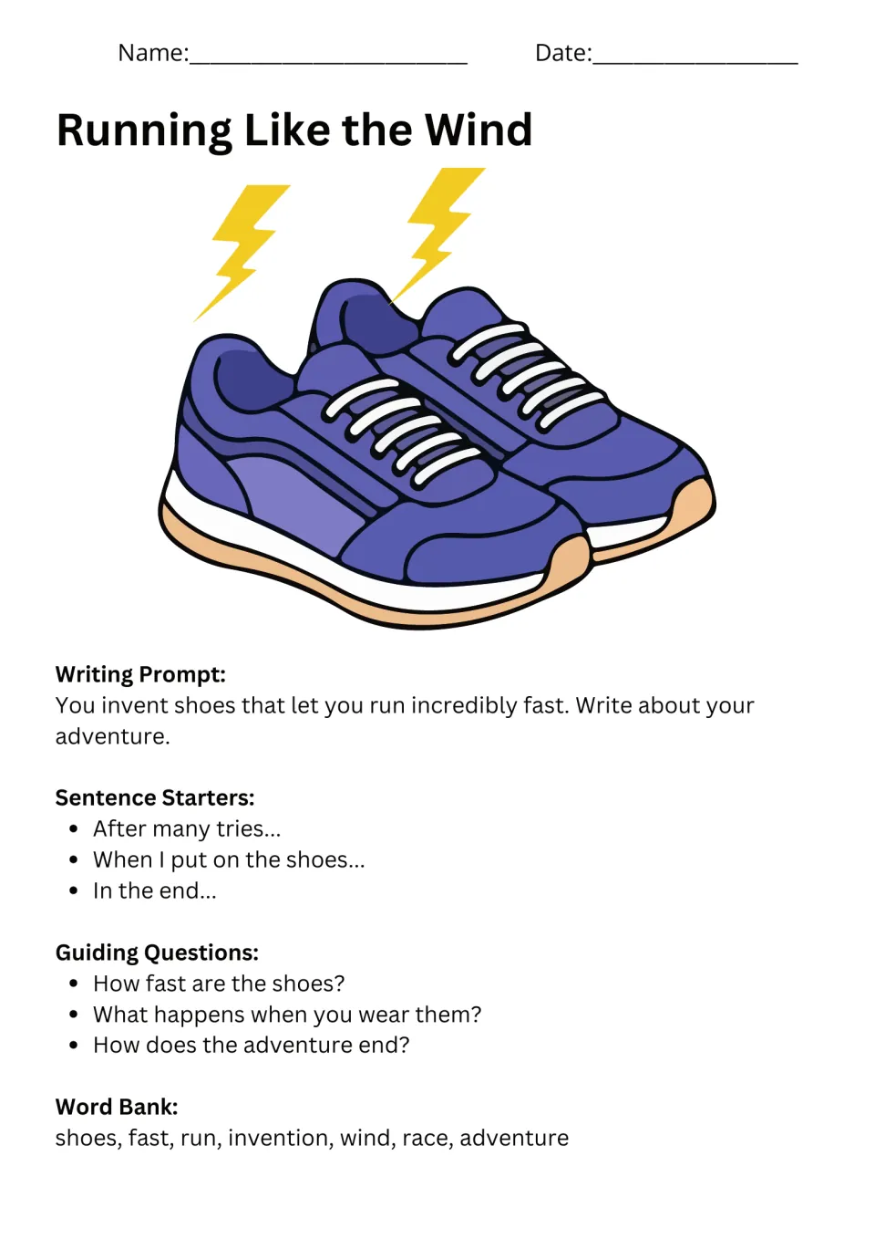Running Like the Wind prompt asks about invented shoes that let you run incredibly fast, with writing supports