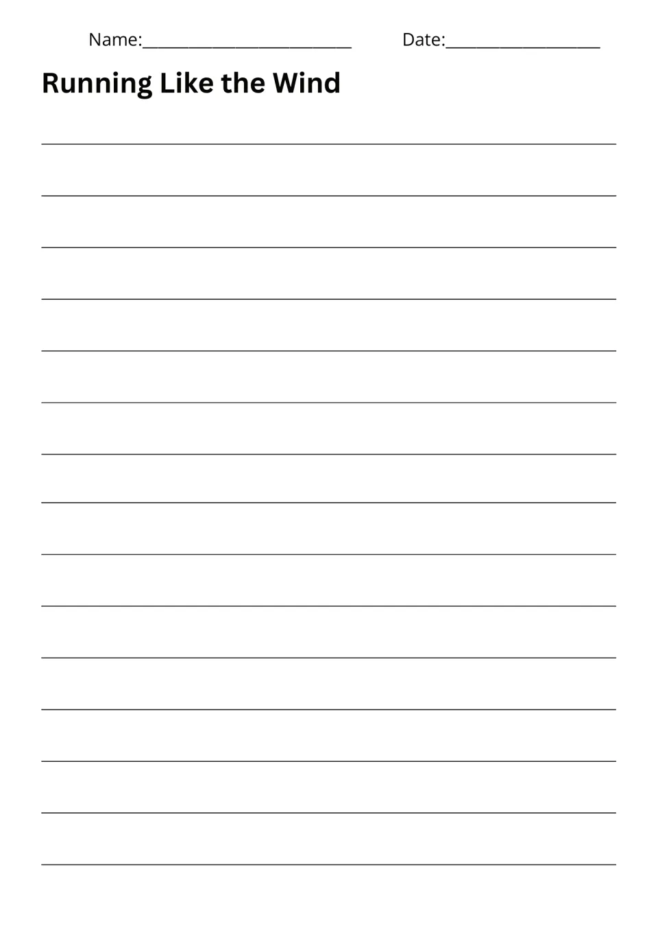Running Like the Wind writing page provides space for students to tell an adventure about superfast shoes