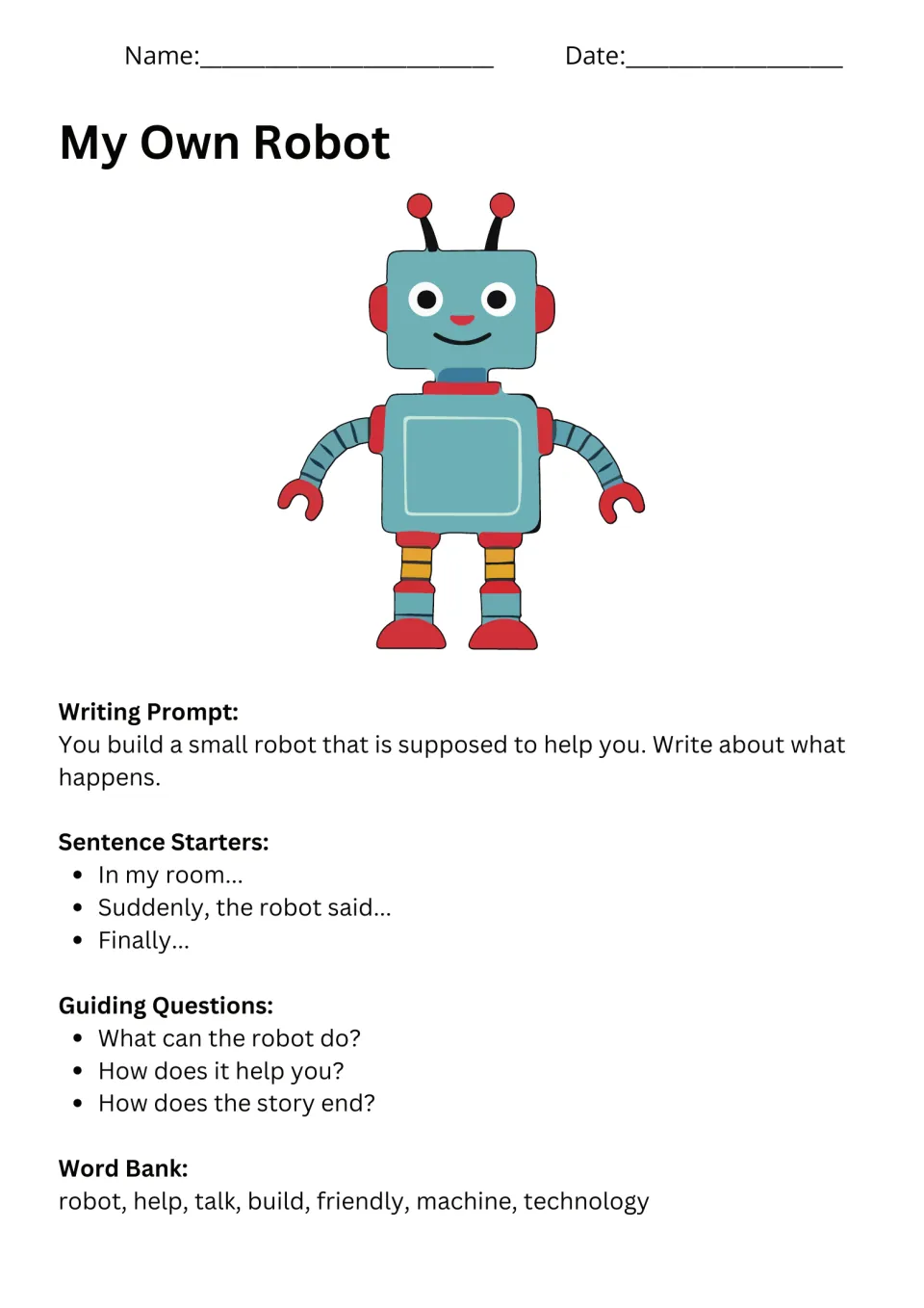 My Own Robot prompt asks about building a small robot to help you, with starters, guiding questions, and vocabulary