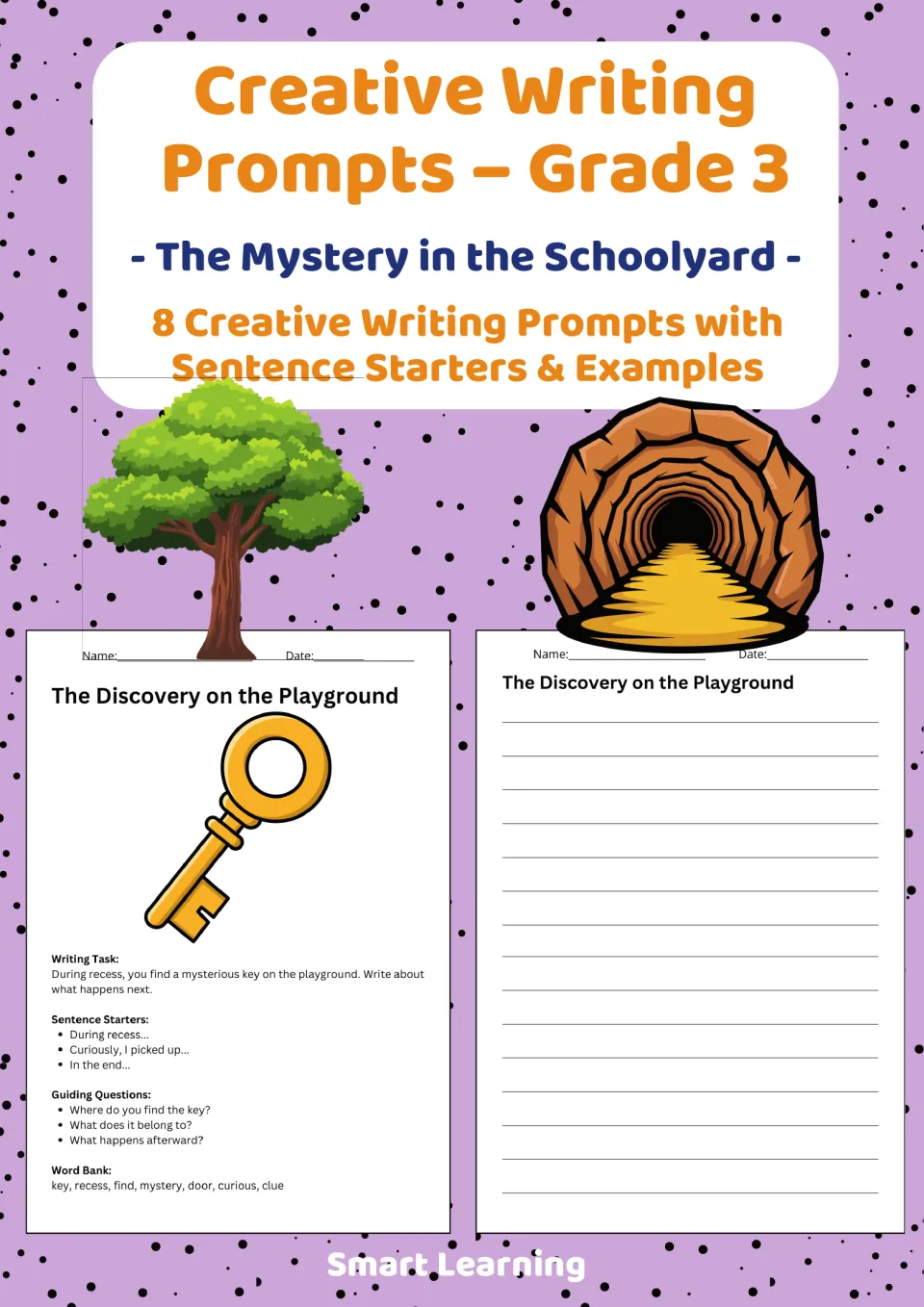 Cover for The Mystery in the Schoolyard: 8 writing prompts with sentence starters, previewing the mysterious key prompt