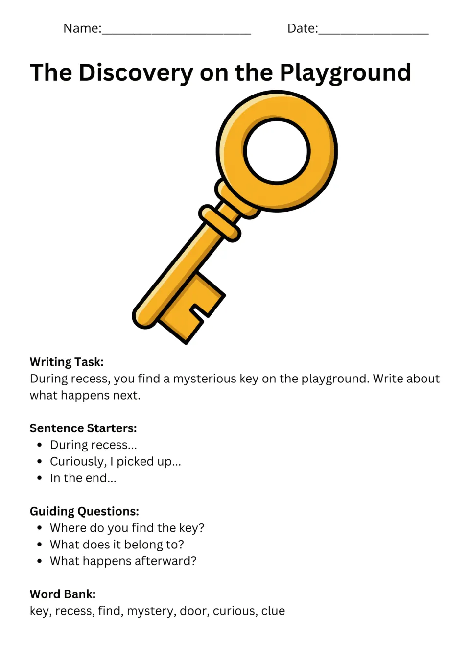 The Discovery on the Playground prompt: students write about a key found at recess, with starters and a word bank