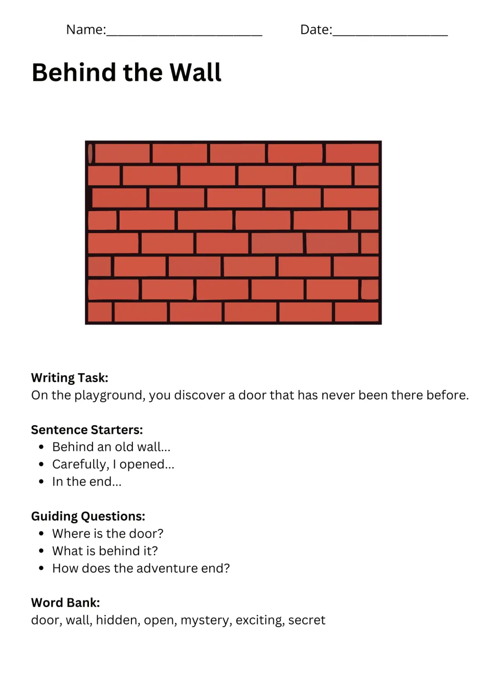 Behind the Wall prompt: students write about a new door on the playground and what lies behind it, with a word bank