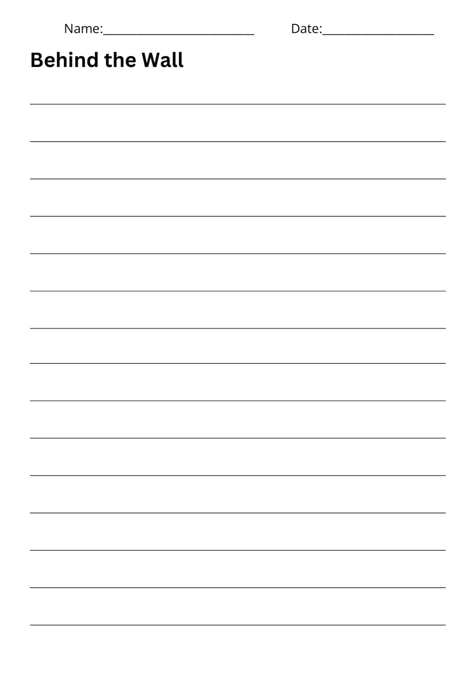 Response page for Behind the Wall: students write their story about the hidden door and what they find behind it