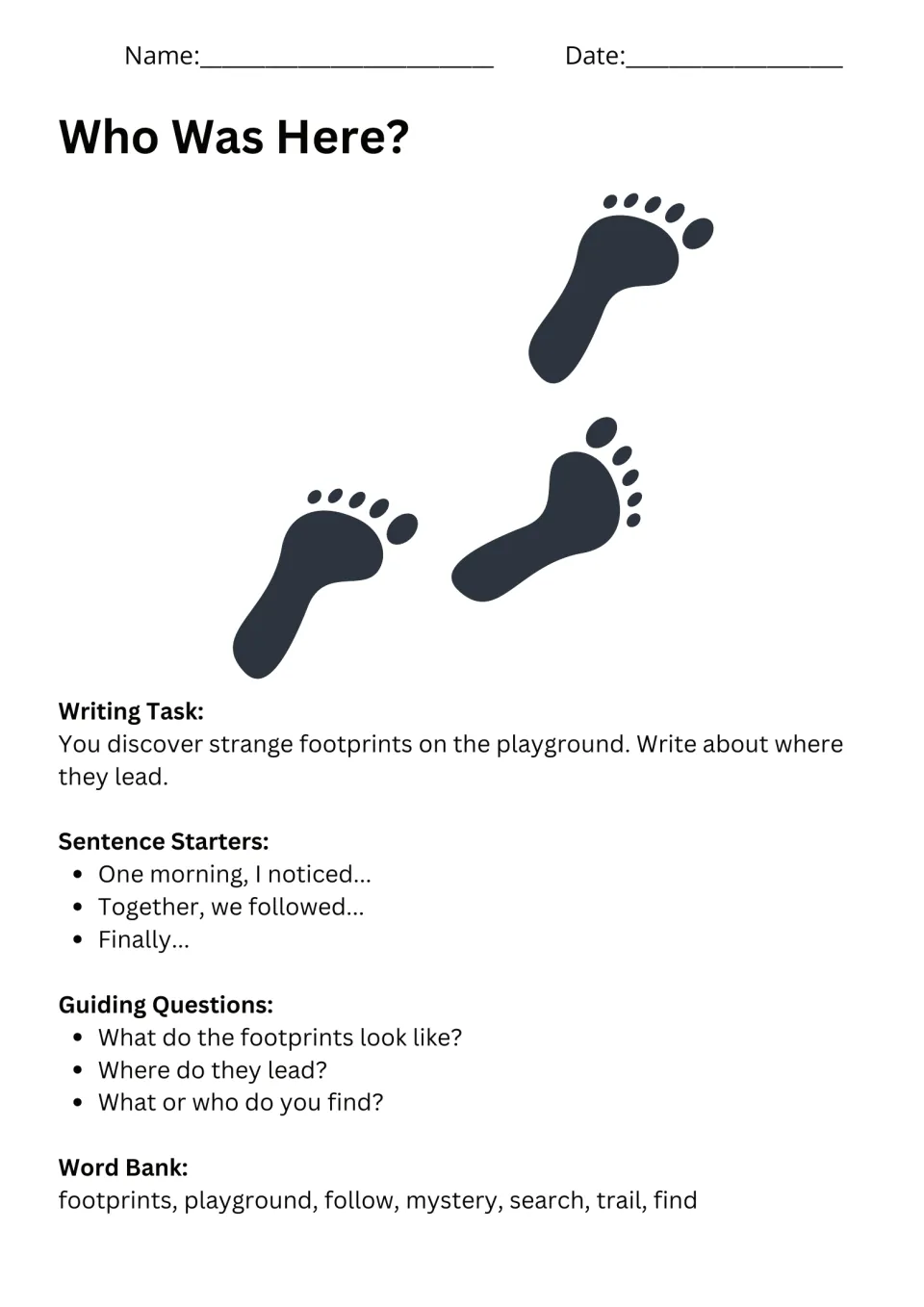 Who Was Here? prompt: students follow strange playground footprints in a story, with guiding questions and a word bank