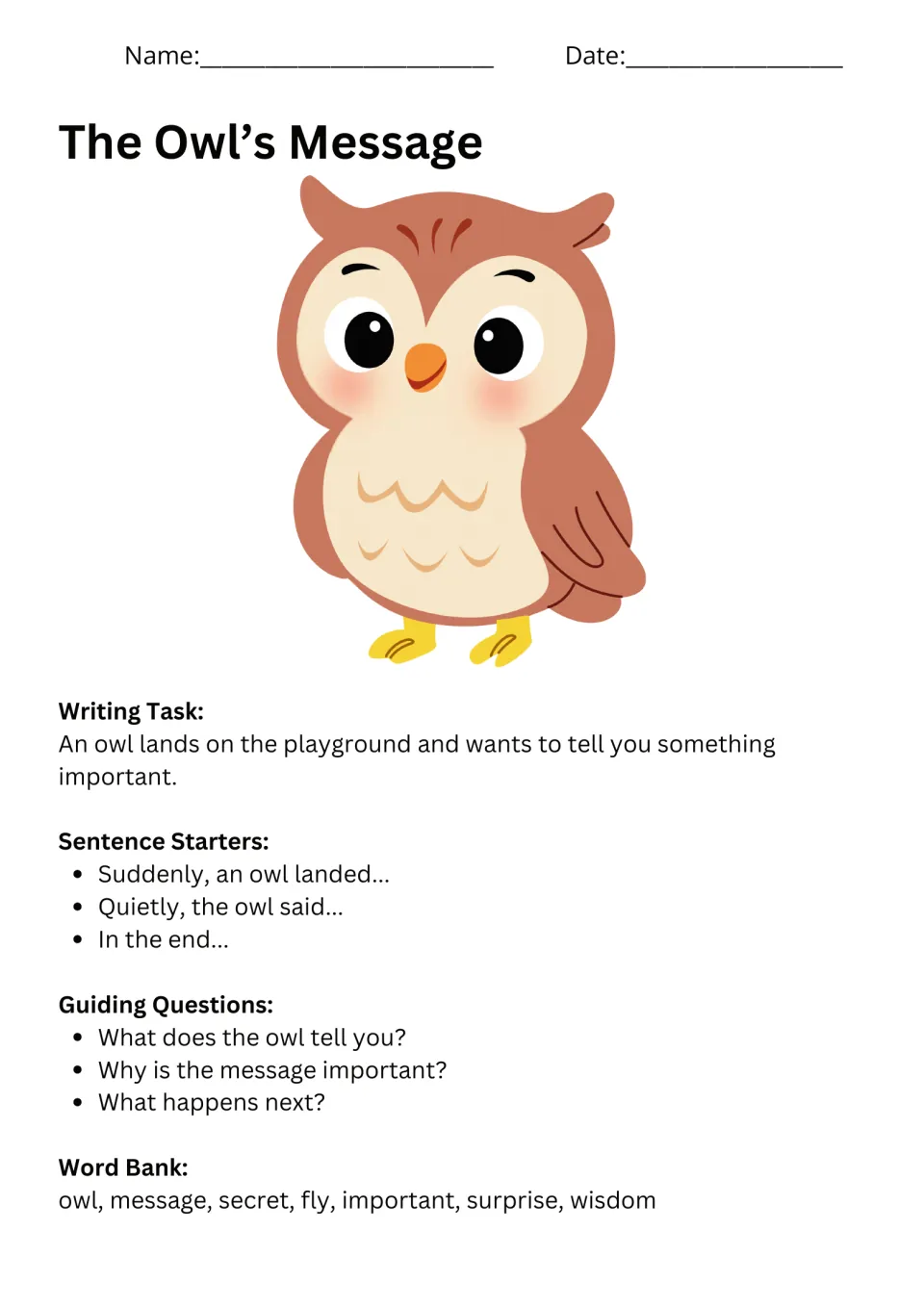 The Owl's Message prompt: students tell what an owl on the playground says and why it matters, with a word bank
