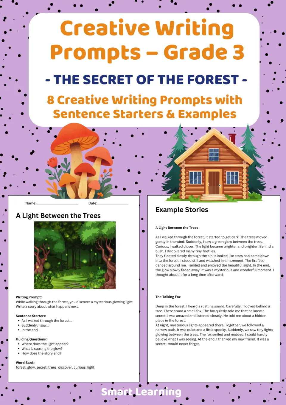 Cover for third-grade forest creative writing: eight prompts with sentence starters and example stories