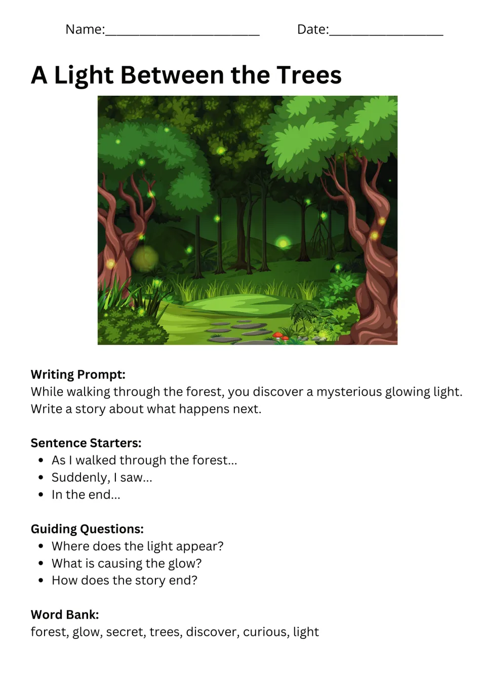 A Light Between the Trees prompt asks about a mysterious forest glow, with starters, questions, and vocabulary