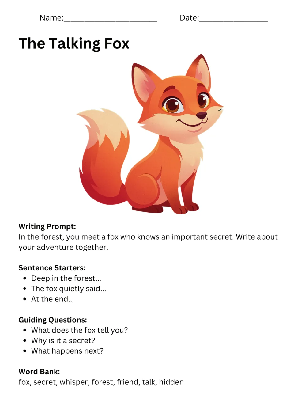 The Talking Fox prompt asks about a forest fox's secret, with sentence starters, questions, and a word bank