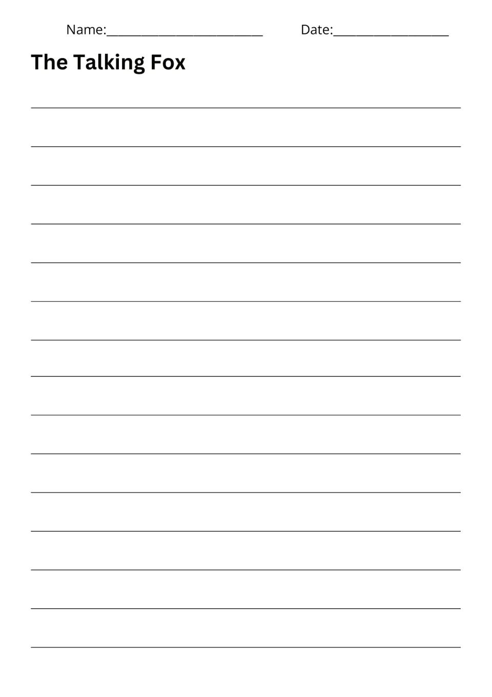 The Talking Fox writing response sheet for developing an adventure about a fox who knows a forest secret