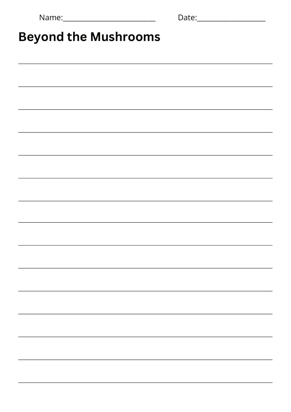 Beyond the Mushrooms writing response sheet for a story about following a hidden path through the forest